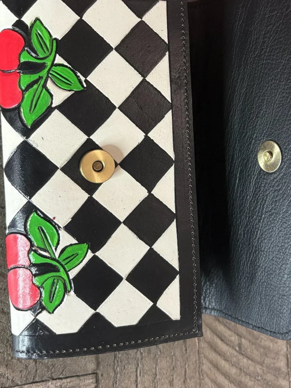 Handcrafted Hand Painted Leather Cherry Wallet Black White Checkered